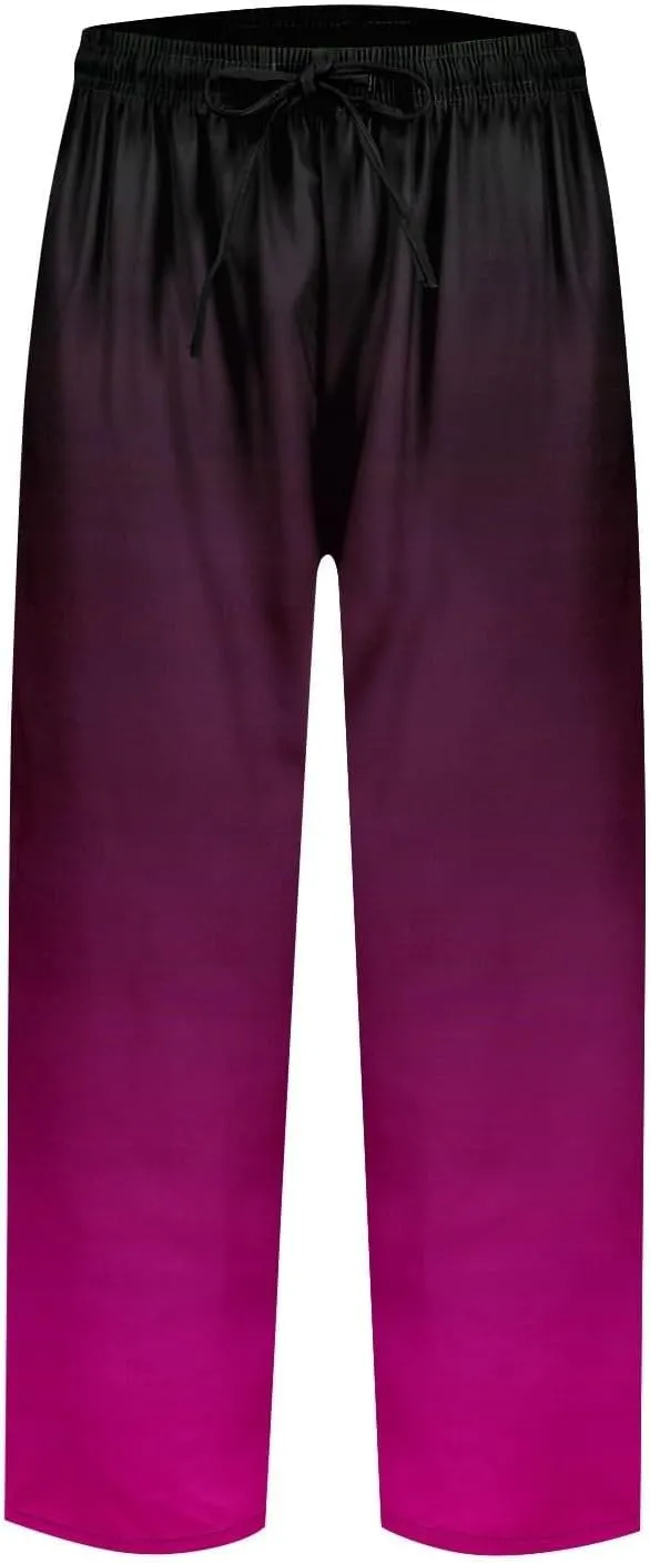 Linen Pants Women Summer Floral Solid Long Palazzo Pants High Waist Wide Leg Pant Trendy Lounge Beach Trousers with Pockets
