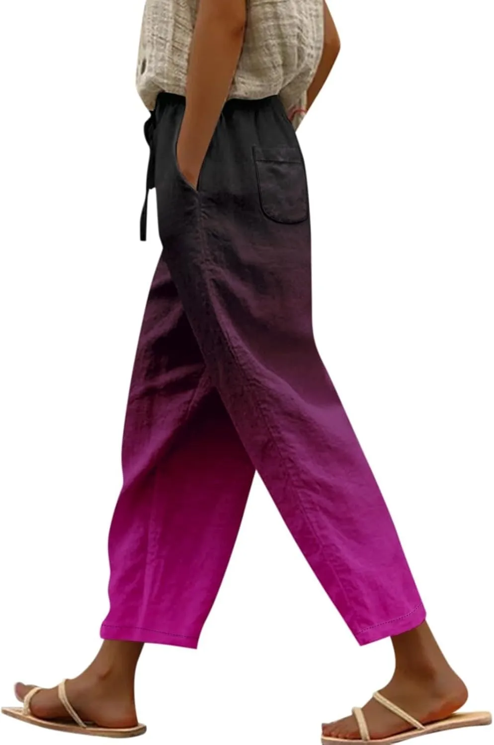 Linen Pants Women Summer Floral Solid Long Palazzo Pants High Waist Wide Leg Pant Trendy Lounge Beach Trousers with Pockets