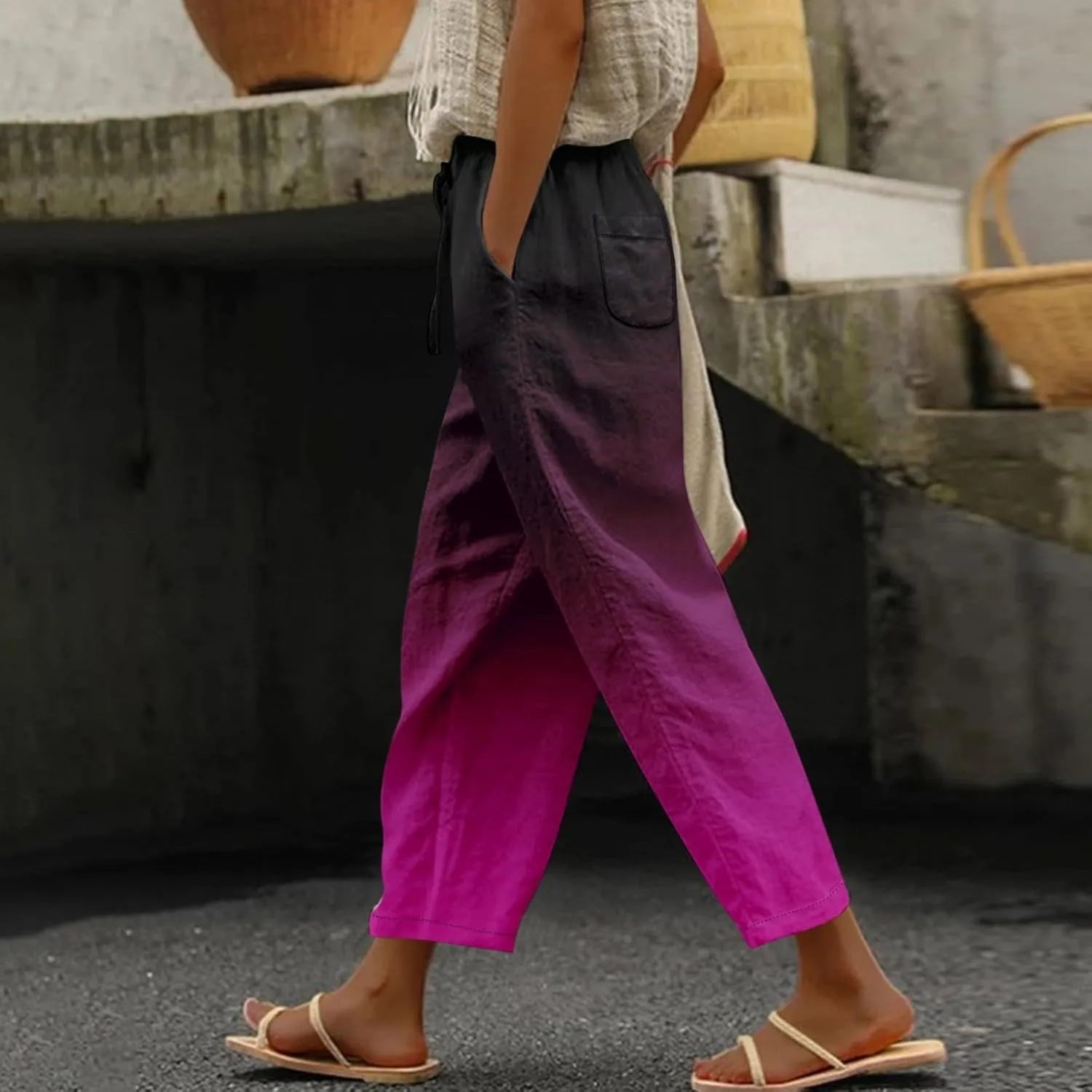 Linen Pants Women Summer Floral Solid Long Palazzo Pants High Waist Wide Leg Pant Trendy Lounge Beach Trousers with Pockets