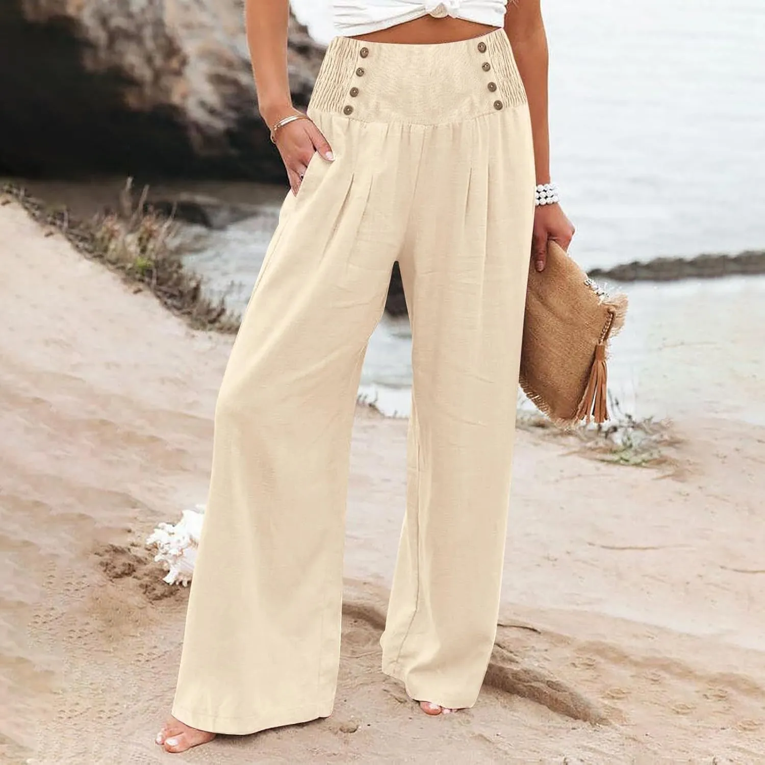Linen Pants Women Summer Wide Leg Cotton Casual Trousers Loose Elastic Waist Button Pants with Pockets 2024