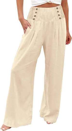 Linen Pants Women Summer Wide Leg Cotton Casual Trousers Loose Elastic Waist Button Pants with Pockets 2024