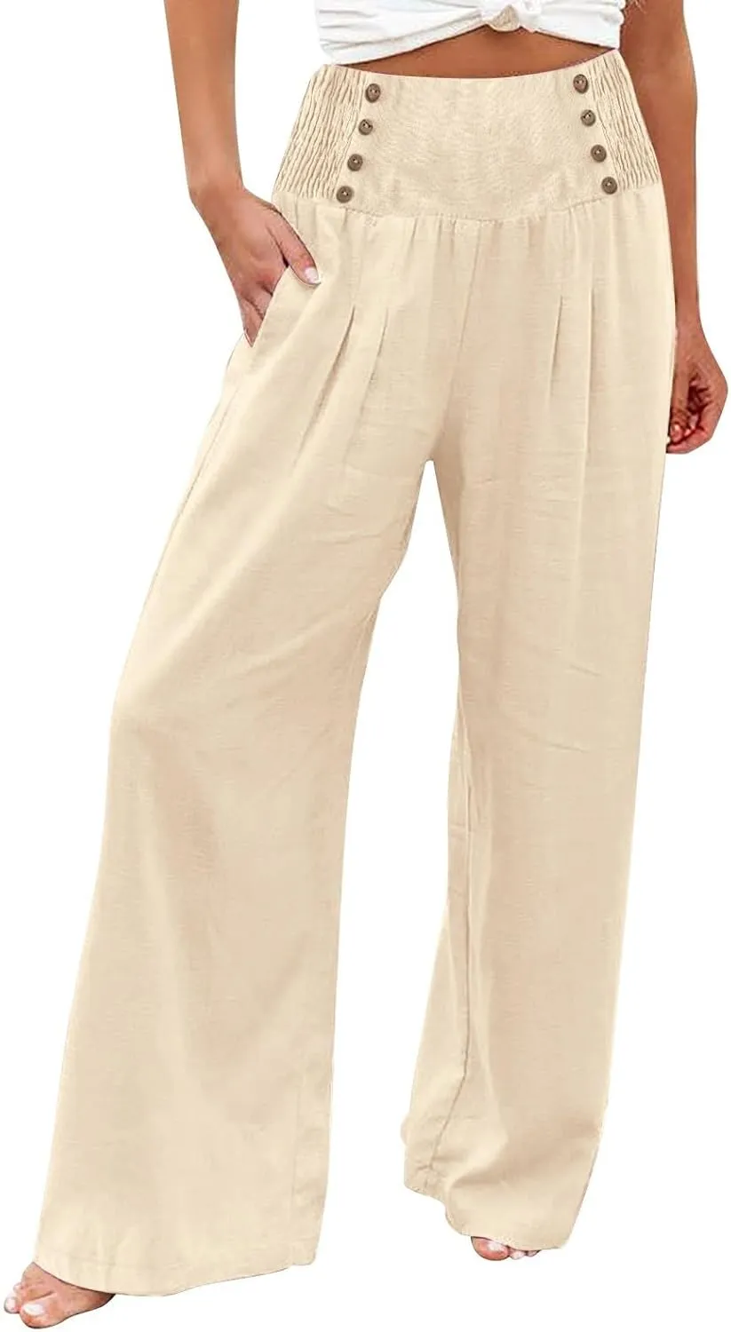 Linen Pants Women Summer Wide Leg Cotton Casual Trousers Loose Elastic Waist Button Pants with Pockets 2024