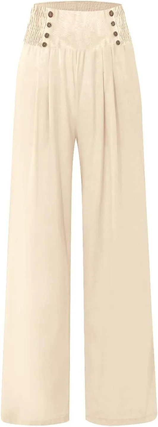 Linen Pants Women Summer Wide Leg Cotton Casual Trousers Loose Elastic Waist Button Pants with Pockets 2024