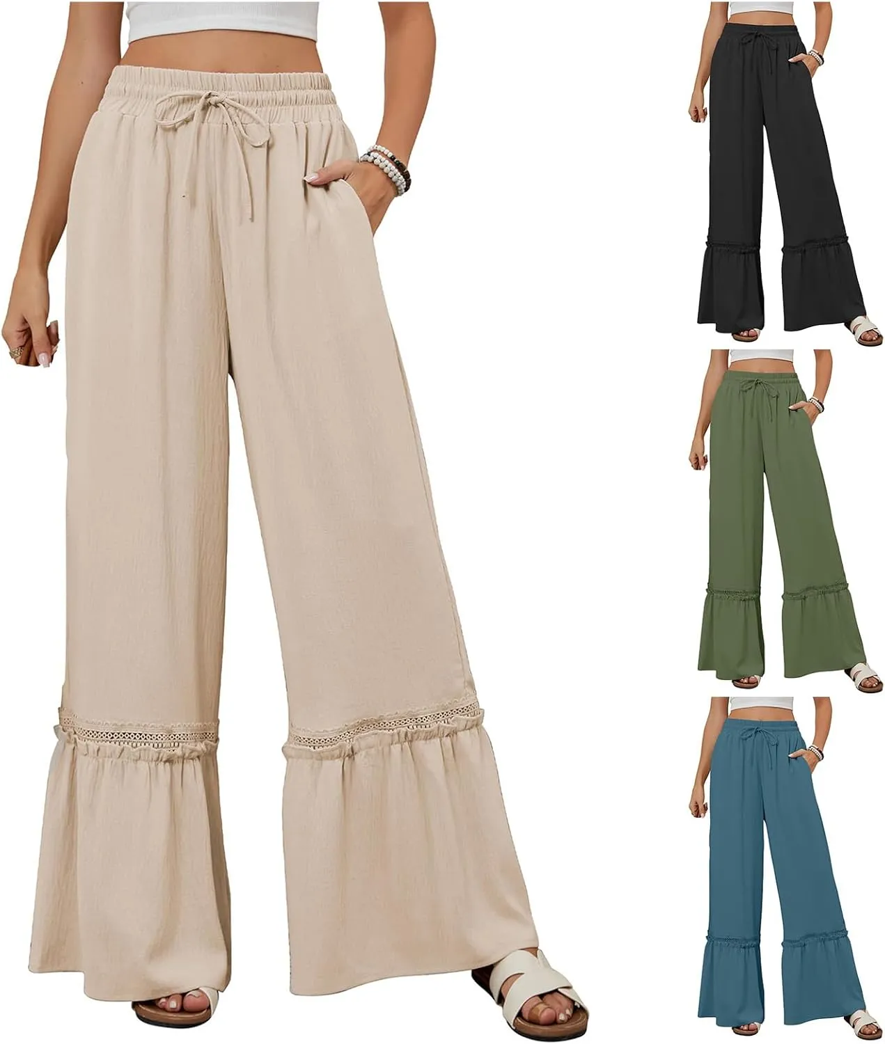 Linen Pants Women Wide Leg Beach Pants Summer Drawstring High Waist Loose Flowy Pant Business Work Trousers