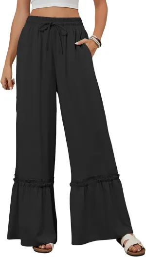 Linen Pants Women Wide Leg Beach Pants Summer Drawstring High Waist Loose Flowy Pant Business Work Trousers