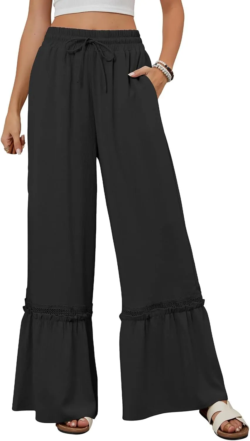 Linen Pants Women Wide Leg Beach Pants Summer Drawstring High Waist Loose Flowy Pant Business Work Trousers