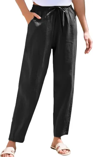 Linen Pants Women Wide Leg Palazzo Pants Lounge Pants with Pockets Drawstring High Elastic Waisted