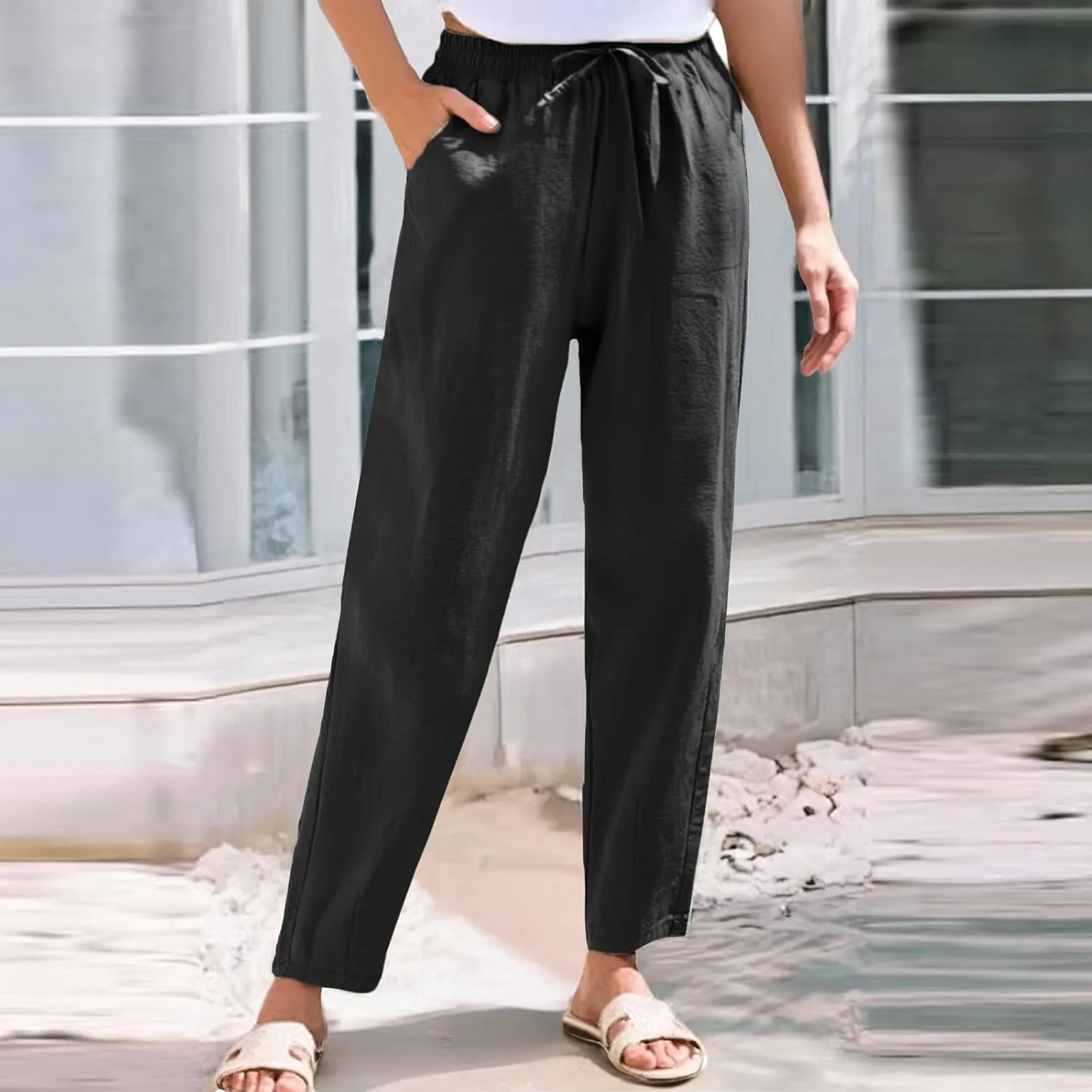 Linen Pants Women Wide Leg Palazzo Pants Lounge Pants with Pockets Drawstring High Elastic Waisted