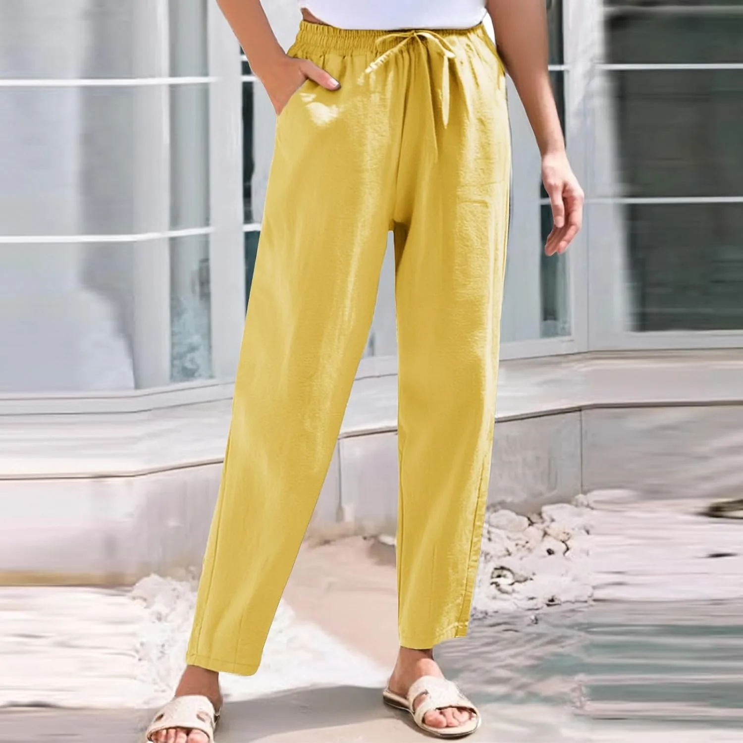 Linen Pants Women Wide Leg Palazzo Pants Lounge Pants with Pockets Drawstring High Elastic Waisted