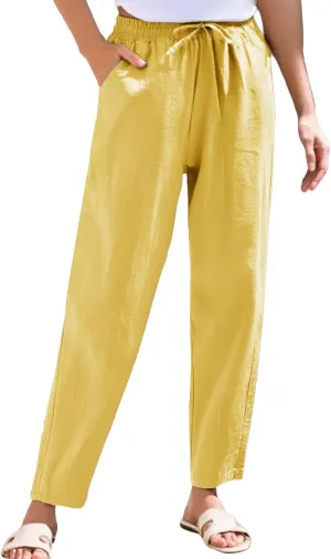 Linen Pants Women Wide Leg Palazzo Pants Lounge Pants with Pockets Drawstring High Elastic Waisted