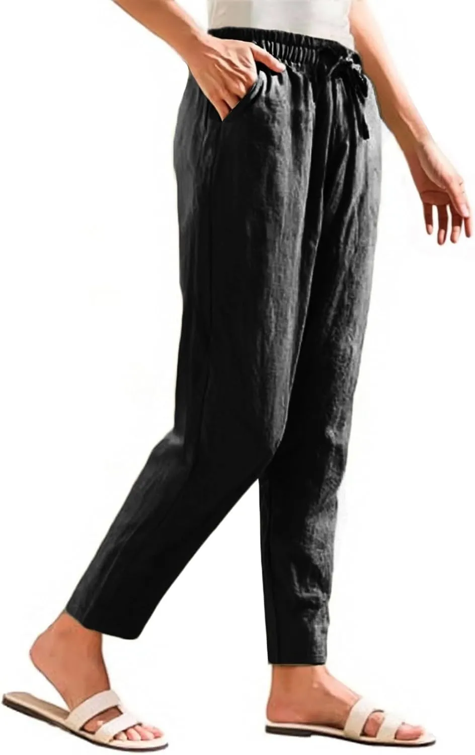 Linen Pants Women Wide Leg Palazzo Pants Lounge Pants with Pockets Drawstring High Elastic Waisted