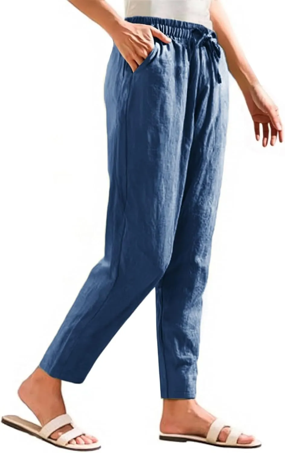 Linen Pants Women Wide Leg Palazzo Pants Lounge Pants with Pockets High Elastic Waisted Drawstring