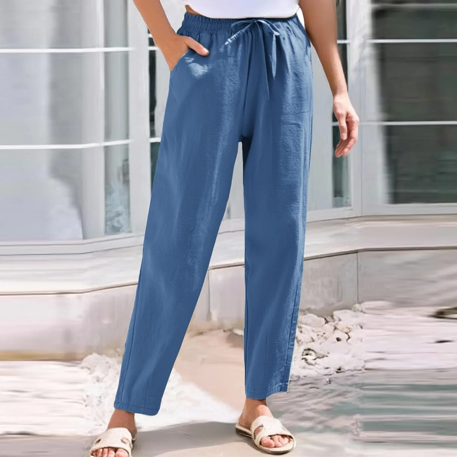 Linen Pants Women Wide Leg Palazzo Pants Lounge Pants with Pockets High Elastic Waisted Drawstring