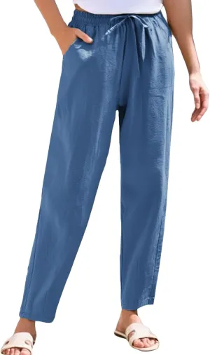 Linen Pants Women Wide Leg Palazzo Pants Lounge Pants with Pockets High Elastic Waisted Drawstring