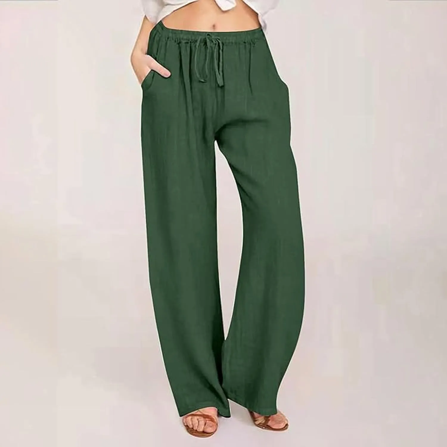 Linen Pants Women's Summer Wide Leg Pants Drawstring Elastic Waist Pants High Waisted Lounge Pants Beach Trousers