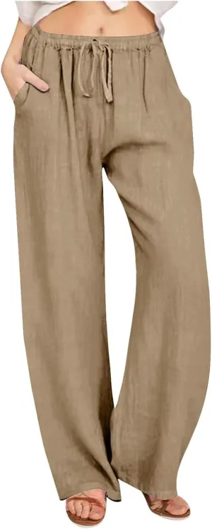Linen Pants Women's Summer Wide Leg Pants Drawstring Elastic Waist Pants High Waisted Lounge Pants Beach Trousers