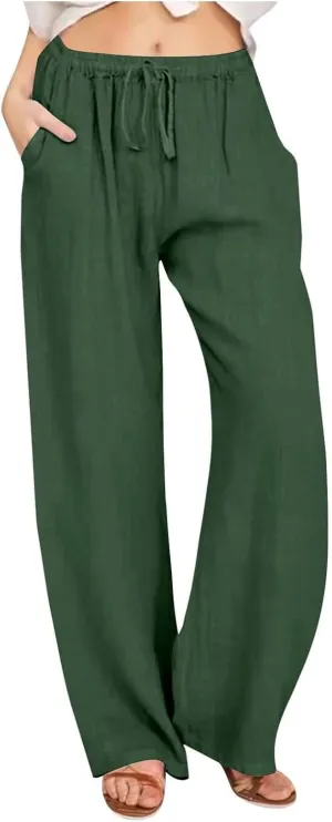 Linen Pants Women's Summer Wide Leg Pants Drawstring Elastic Waist Pants High Waisted Lounge Pants Beach Trousers