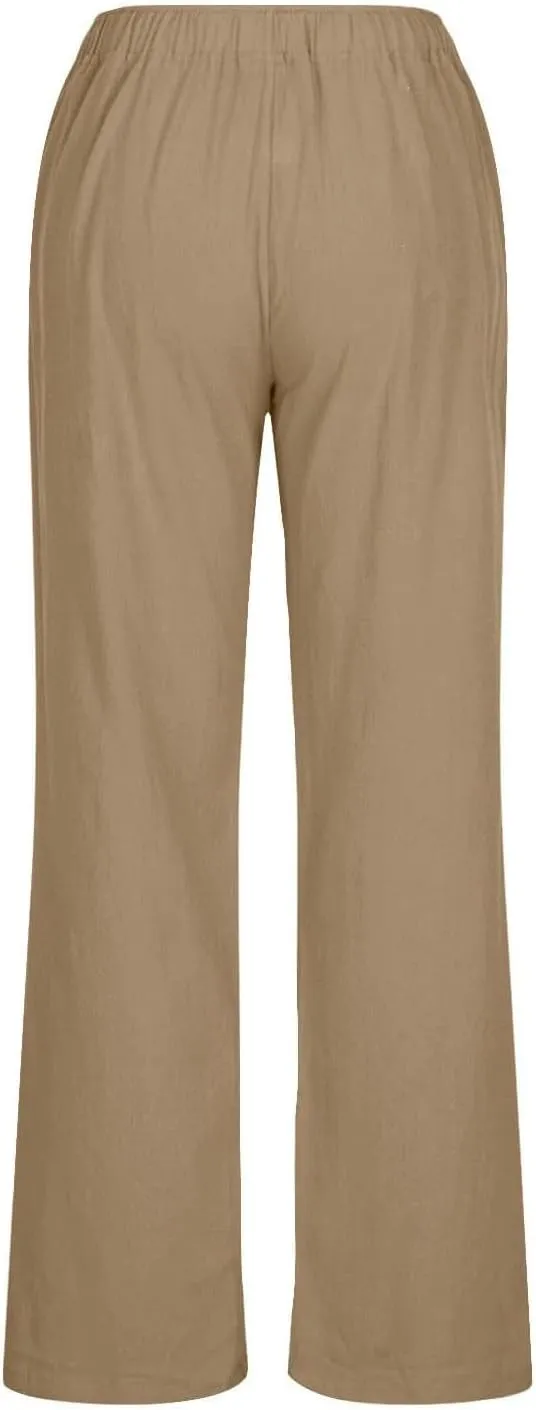 Linen Pants Women's Summer Wide Leg Pants Drawstring Elastic Waist Pants High Waisted Lounge Pants Beach Trousers