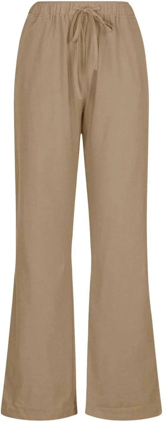 Linen Pants Women's Summer Wide Leg Pants Drawstring Elastic Waist Pants High Waisted Lounge Pants Beach Trousers