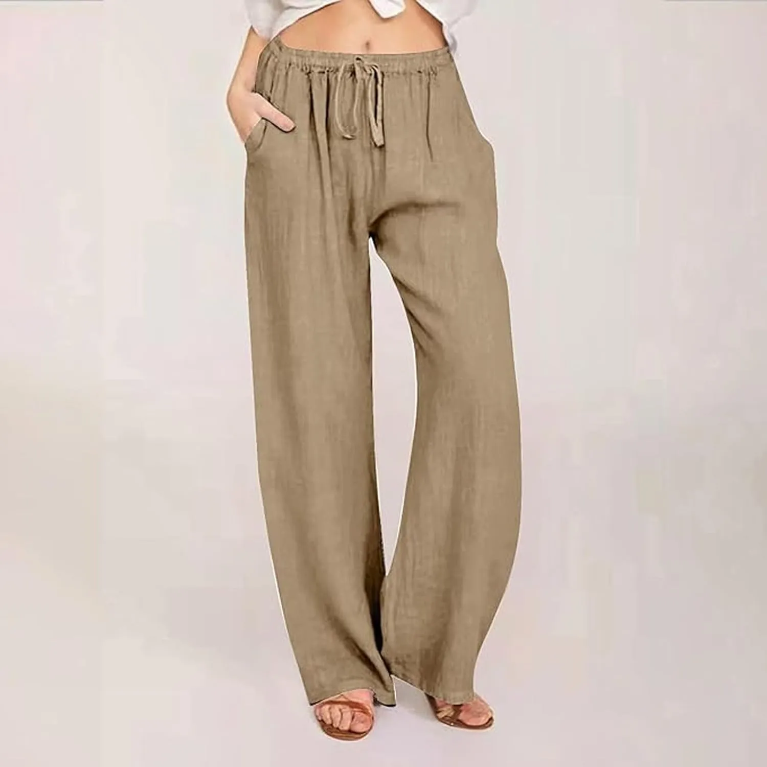 Linen Pants Women's Summer Wide Leg Pants Drawstring Elastic Waist Pants High Waisted Lounge Pants Beach Trousers