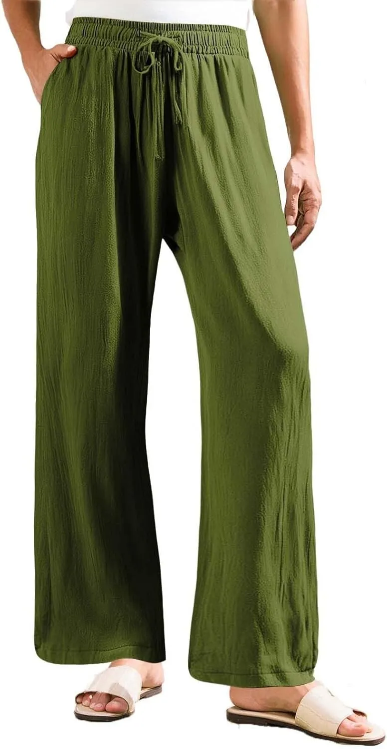Linen Wide Leg Pants for Women Summer Casual High Waisted Palazzo Pants Boho Beach Vacation Trousers with Pockets