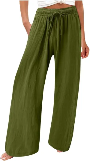 Linen Wide Leg Pants for Women Summer Casual High Waisted Palazzo Pants Boho Beach Vacation Trousers with Pockets