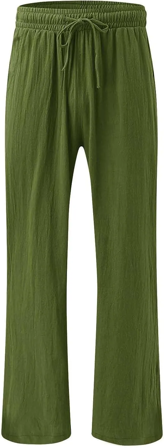 Linen Wide Leg Pants for Women Summer Casual High Waisted Palazzo Pants Boho Beach Vacation Trousers with Pockets