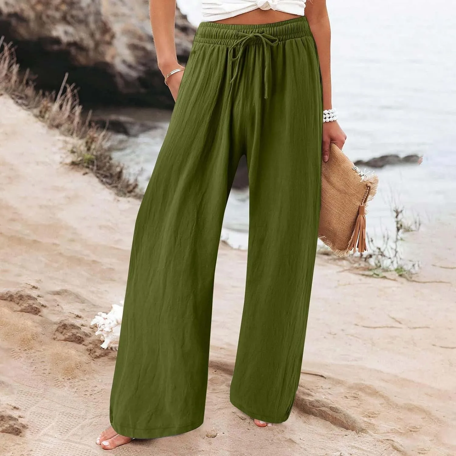 Linen Wide Leg Pants for Women Summer Casual High Waisted Palazzo Pants Boho Beach Vacation Trousers with Pockets