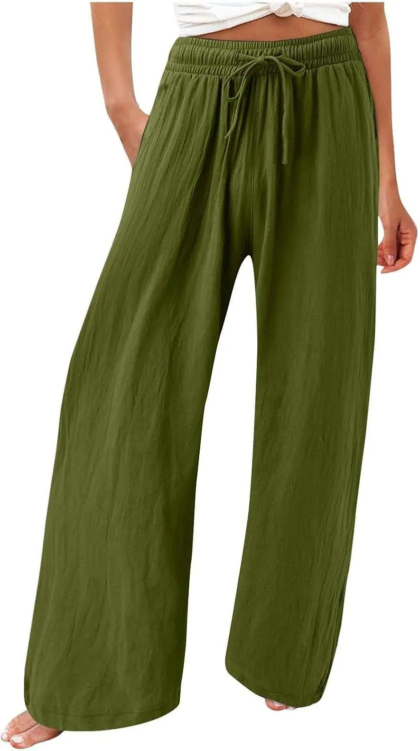 Linen Wide Leg Pants for Women Summer Casual High Waisted Palazzo Pants Boho Beach Vacation Trousers with Pockets