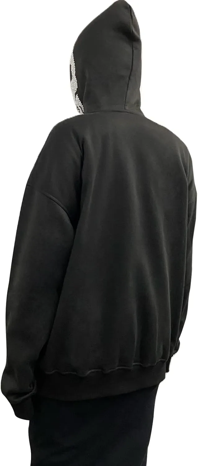 lisenraIn Unisex Men Women Halloween Hoodie Graphic Zip Up Sweatshirt Y2K Oversized Long Sleeve Rhinestone Skeleton Jacket