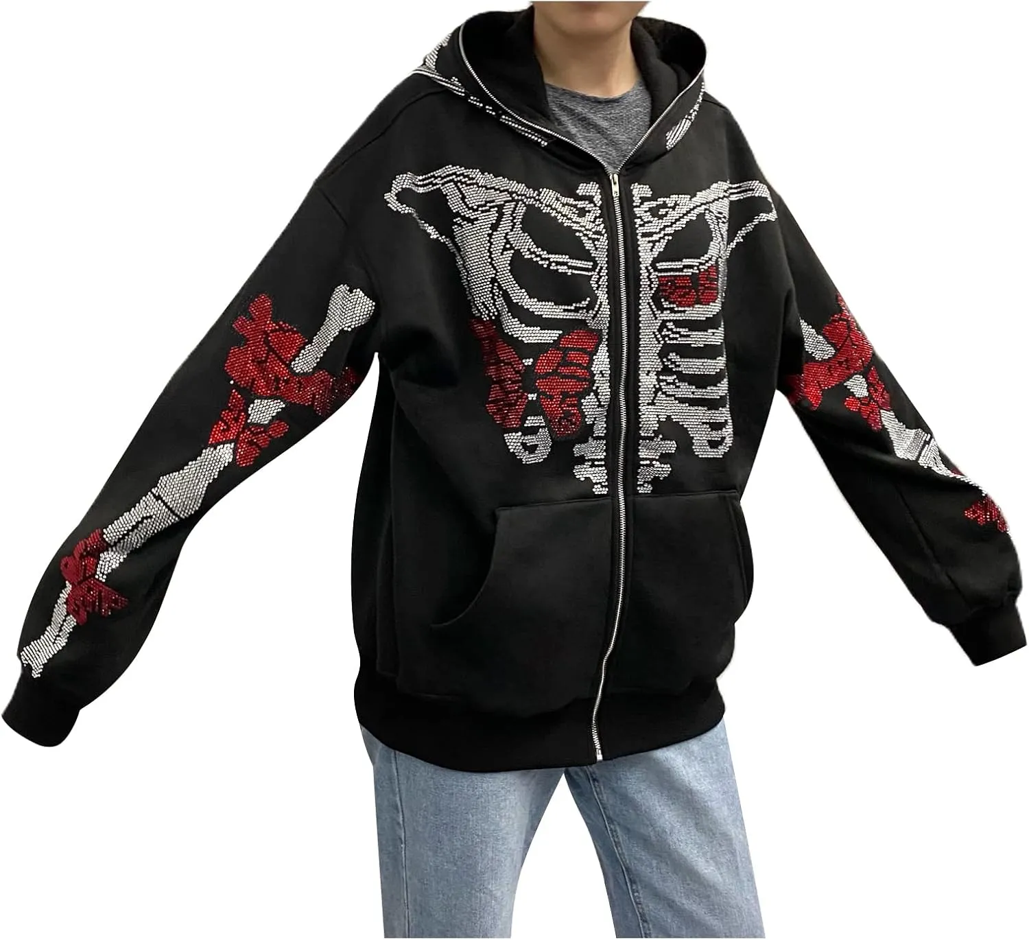 lisenraIn Unisex Men Women Halloween Hoodie Graphic Zip Up Sweatshirt Y2K Oversized Long Sleeve Rhinestone Skeleton Jacket