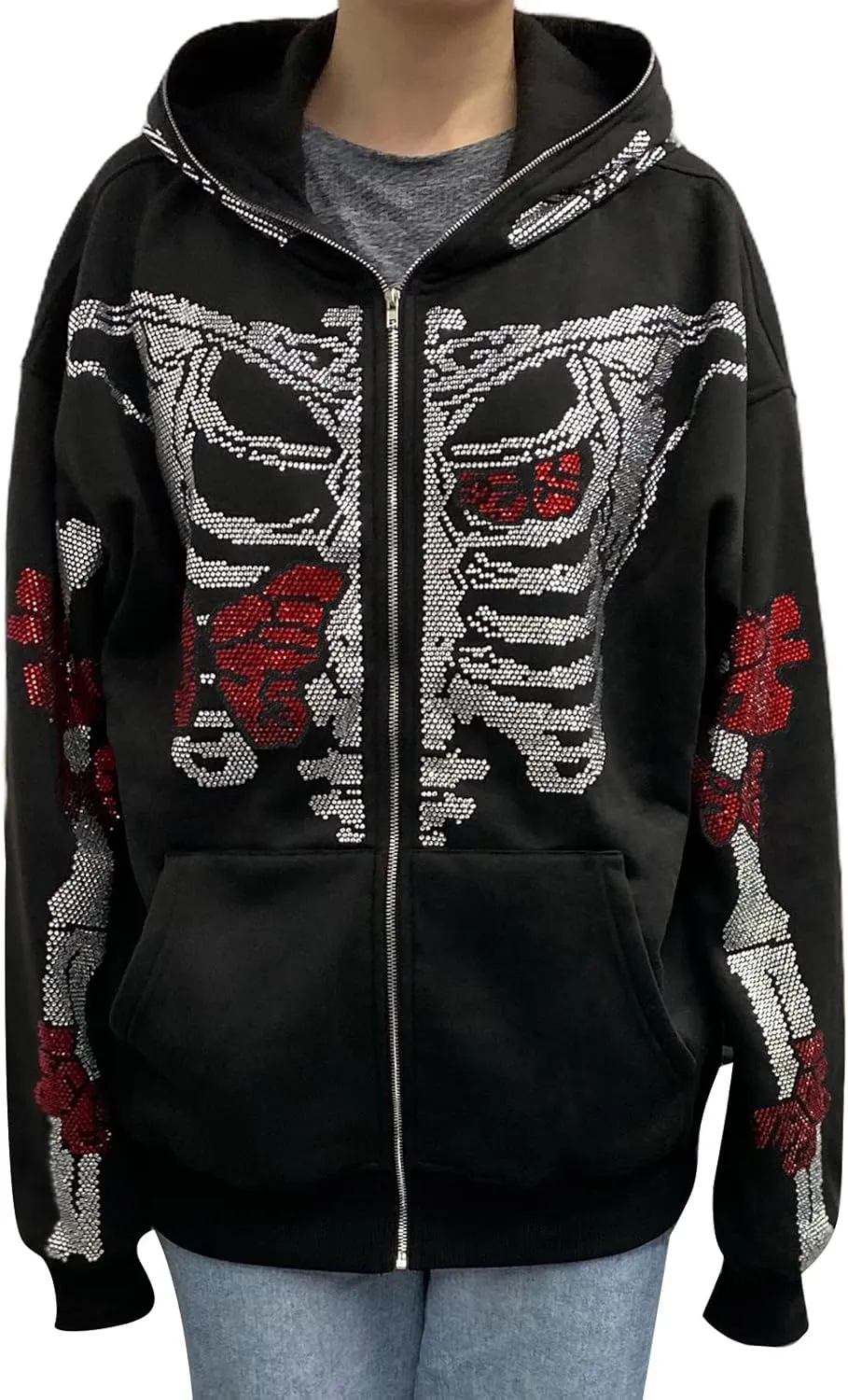 lisenraIn Unisex Men Women Halloween Hoodie Graphic Zip Up Sweatshirt Y2K Oversized Long Sleeve Rhinestone Skeleton Jacket