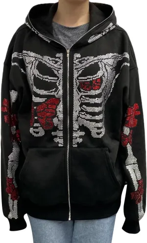 lisenraIn Unisex Men Women Halloween Hoodie Graphic Zip Up Sweatshirt Y2K Oversized Long Sleeve Rhinestone Skeleton Jacket