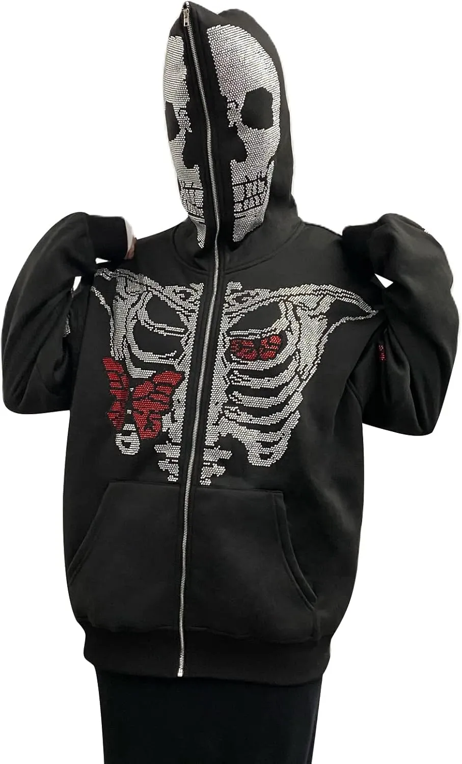 lisenraIn Unisex Men Women Halloween Hoodie Graphic Zip Up Sweatshirt Y2K Oversized Long Sleeve Rhinestone Skeleton Jacket