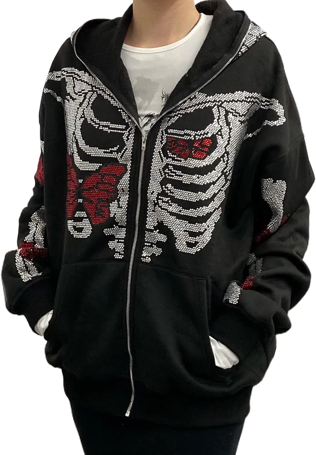 lisenraIn Unisex Men Women Halloween Hoodie Graphic Zip Up Sweatshirt Y2K Oversized Long Sleeve Rhinestone Skeleton Jacket