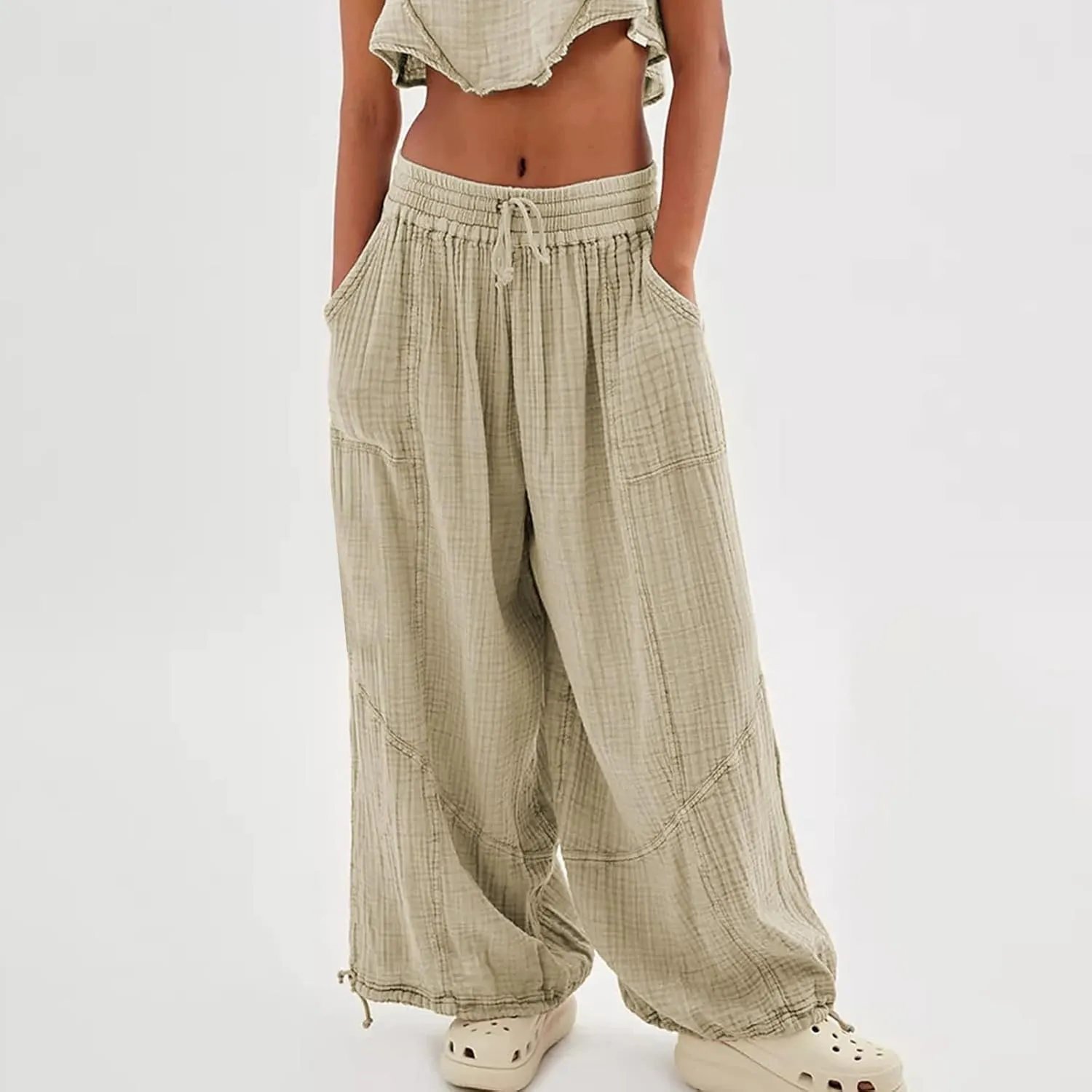 Litetao Linen Pants Women Summer Short Womens Casual Elastic Drawstring Pants Straight Trousers with Pockets Cargo Pants