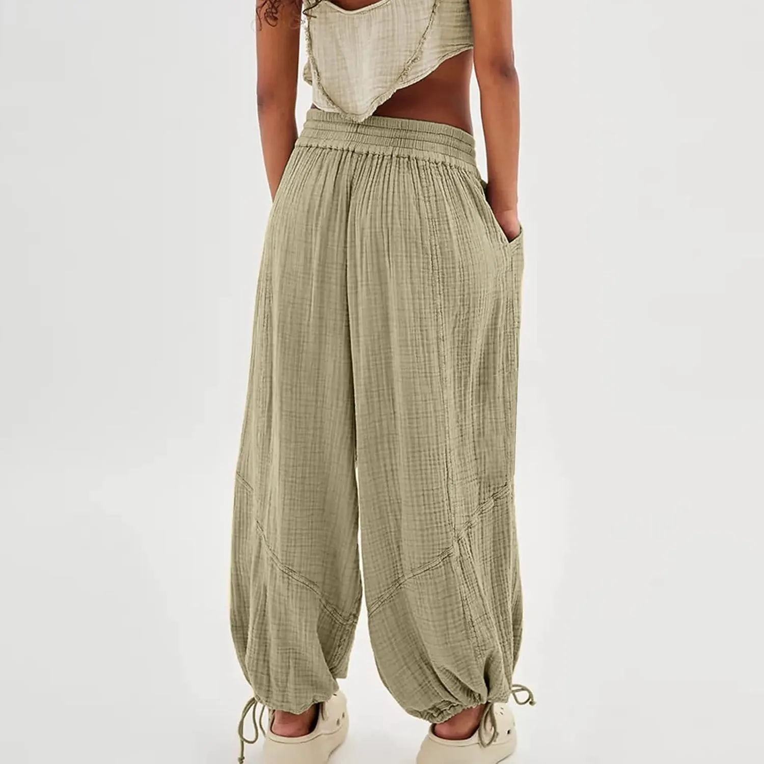 Litetao Linen Pants Women Summer Short Womens Casual Elastic Drawstring Pants Straight Trousers with Pockets Cargo Pants