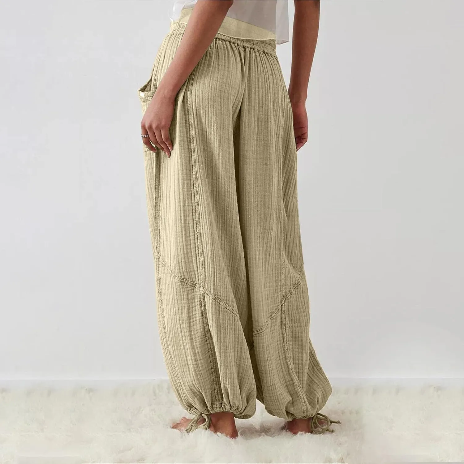 Litetao Linen Pants Women Summer Short Womens Casual Elastic Drawstring Pants Straight Trousers with Pockets Cargo Pants