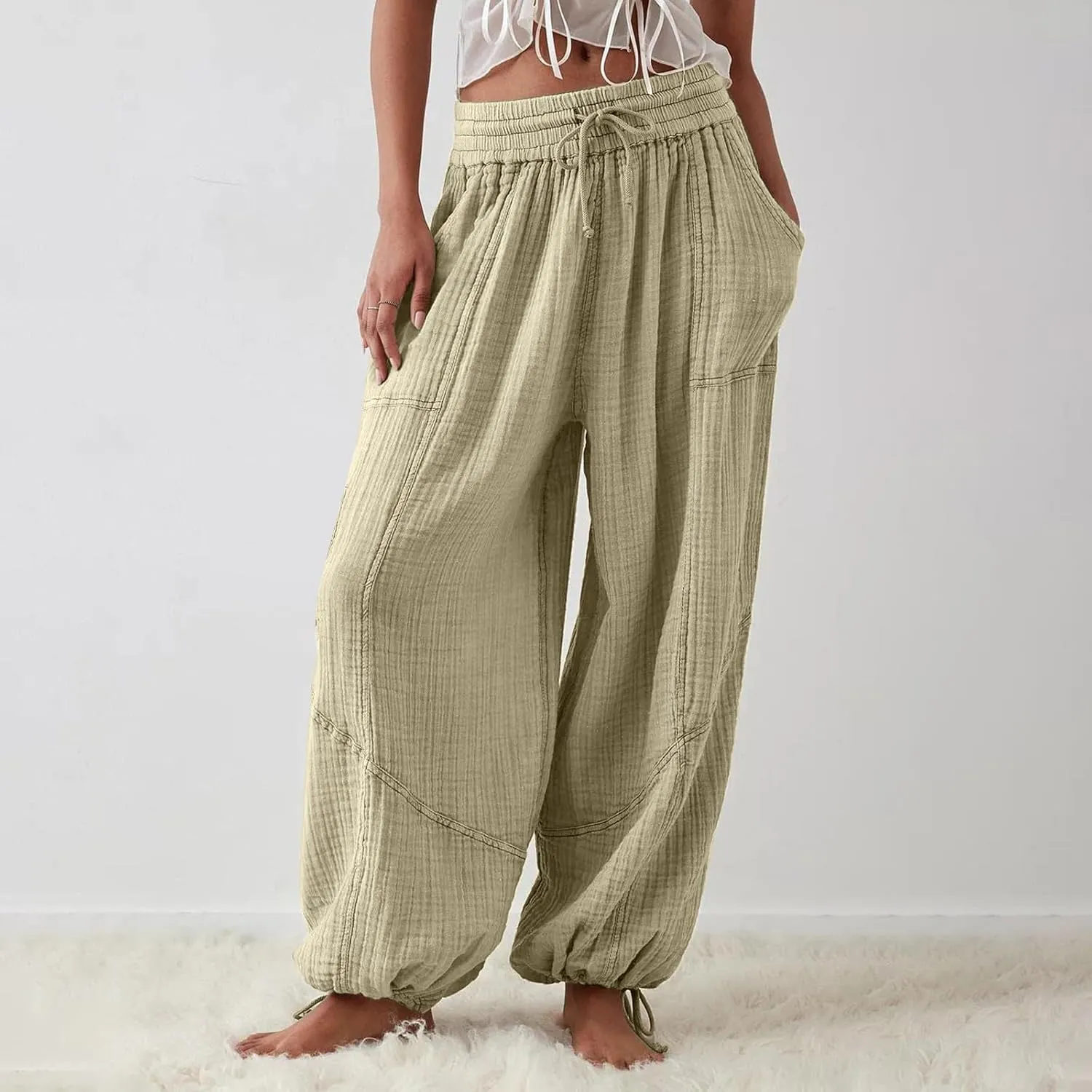 Litetao Linen Pants Women Summer Short Womens Casual Elastic Drawstring Pants Straight Trousers with Pockets Cargo Pants