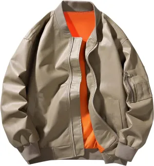 Lmdudan Bomber Jacket for Men PU Leather Full Zip Motorcycle Outwear Lightweight Fashion Causal Biker Jackets with Pockets