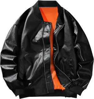 Lmdudan Bomber Jacket for Men PU Leather Full Zip Motorcycle Outwear Lightweight Fashion Causal Biker Jackets with Pockets