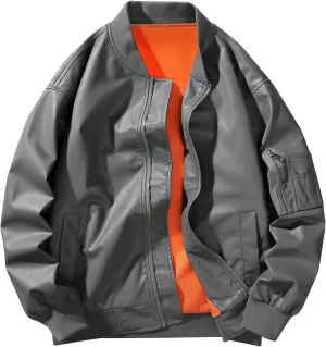 Lmdudan Bomber Jacket for Men PU Leather Full Zip Motorcycle Outwear Lightweight Fashion Causal Biker Jackets with Pockets