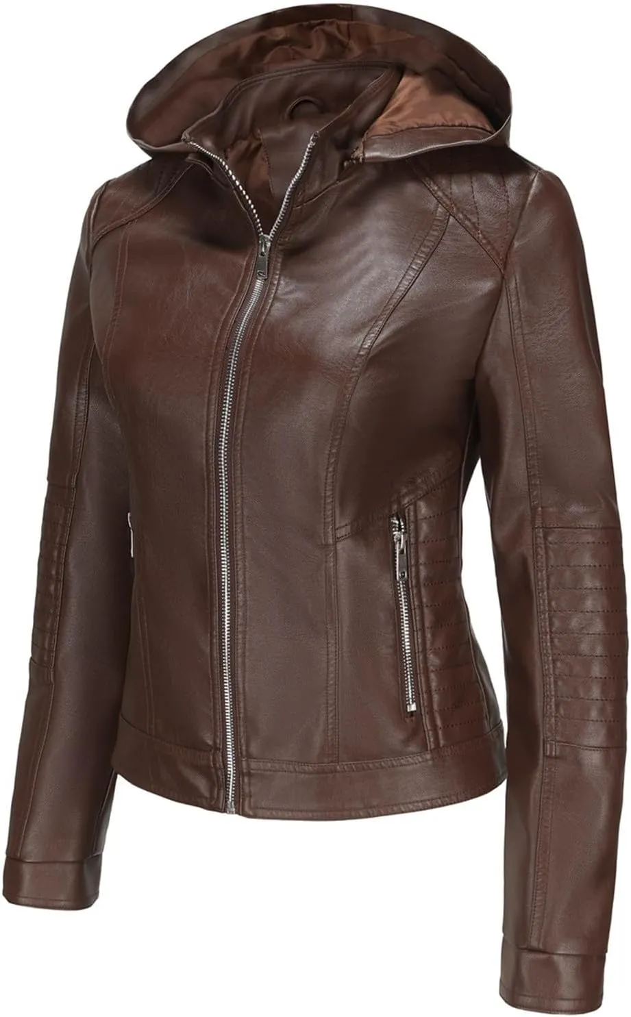 Lmdudan Faux Leather Jacket Women Motorcycle Coat for Biker with Removable Hood Plus Size Zip Up Long Sleeve Outwear Tops