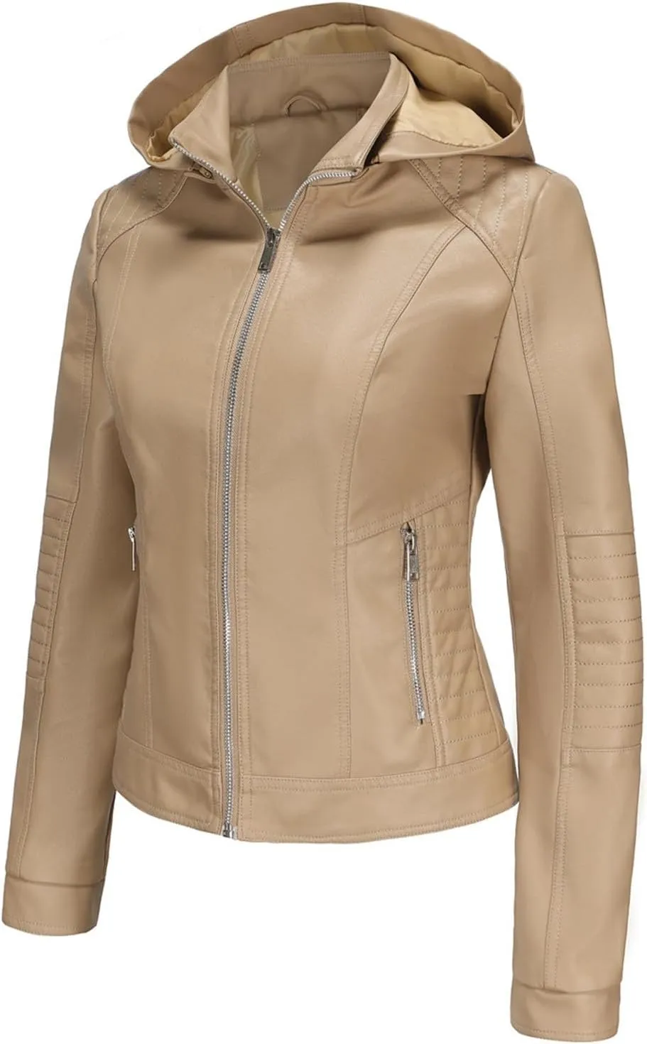 Lmdudan Faux Leather Jacket Women Motorcycle Coat for Biker with Removable Hood Plus Size Zip Up Long Sleeve Outwear Tops