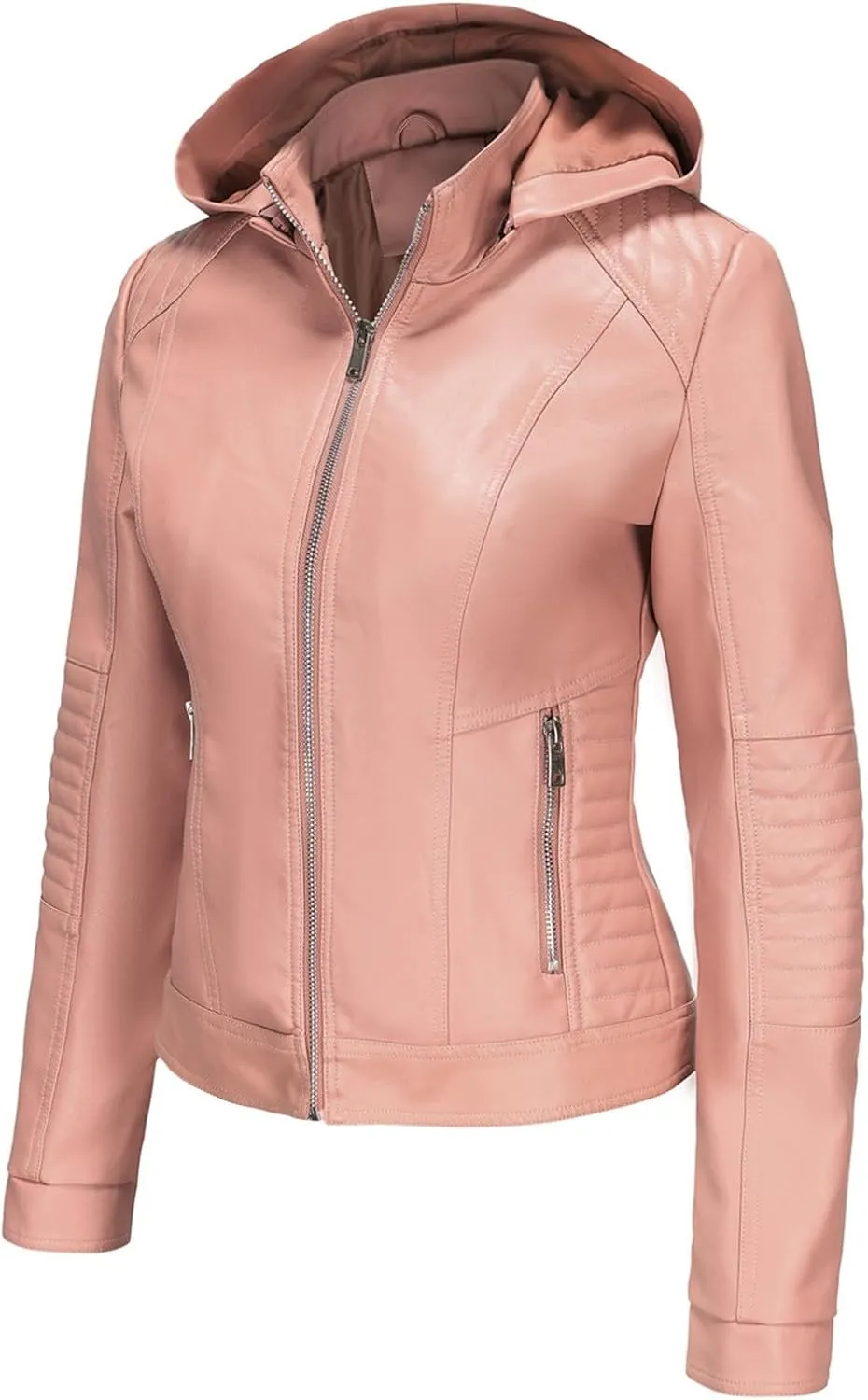 Lmdudan Faux Leather Jacket Women Motorcycle Coat for Biker with Removable Hood Plus Size Zip Up Long Sleeve Outwear Tops