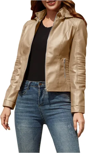 Lmdudan Faux Leather Jacket Women Motorcycle Coat for Biker with Removable Hood Plus Size Zip Up Long Sleeve Outwear Tops