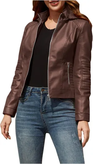 Lmdudan Faux Leather Jacket Women Motorcycle Coat for Biker with Removable Hood Plus Size Zip Up Long Sleeve Outwear Tops