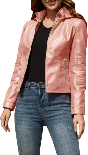 Lmdudan Faux Leather Jacket Women Motorcycle Coat for Biker with Removable Hood Plus Size Zip Up Long Sleeve Outwear Tops