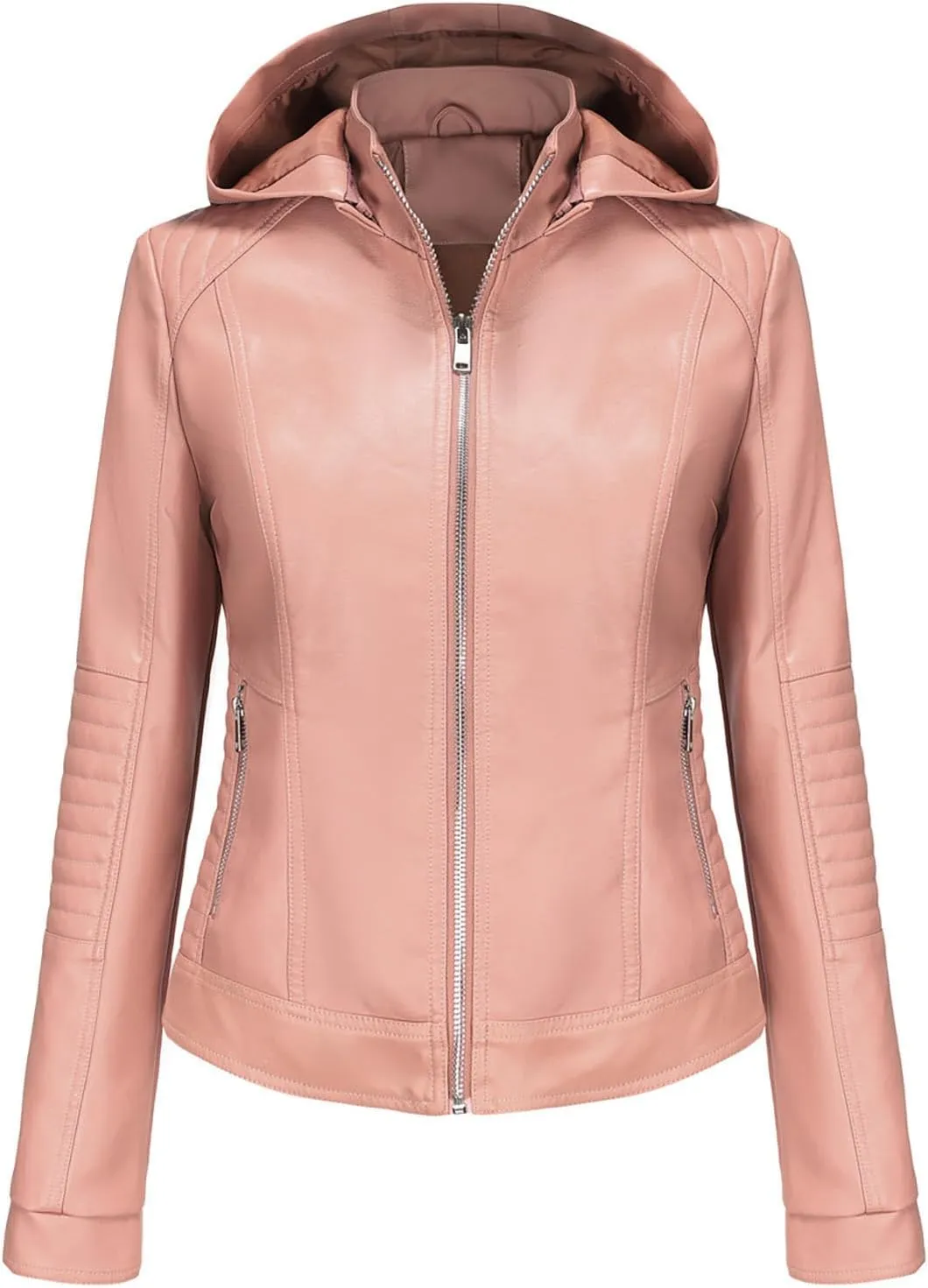 Lmdudan Faux Leather Jacket Women Motorcycle Coat for Biker with Removable Hood Plus Size Zip Up Long Sleeve Outwear Tops