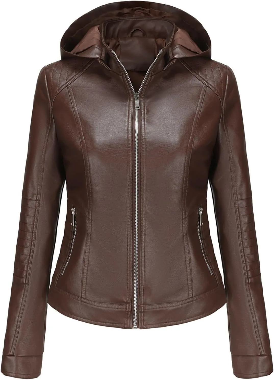 Lmdudan Faux Leather Jacket Women Motorcycle Coat for Biker with Removable Hood Plus Size Zip Up Long Sleeve Outwear Tops